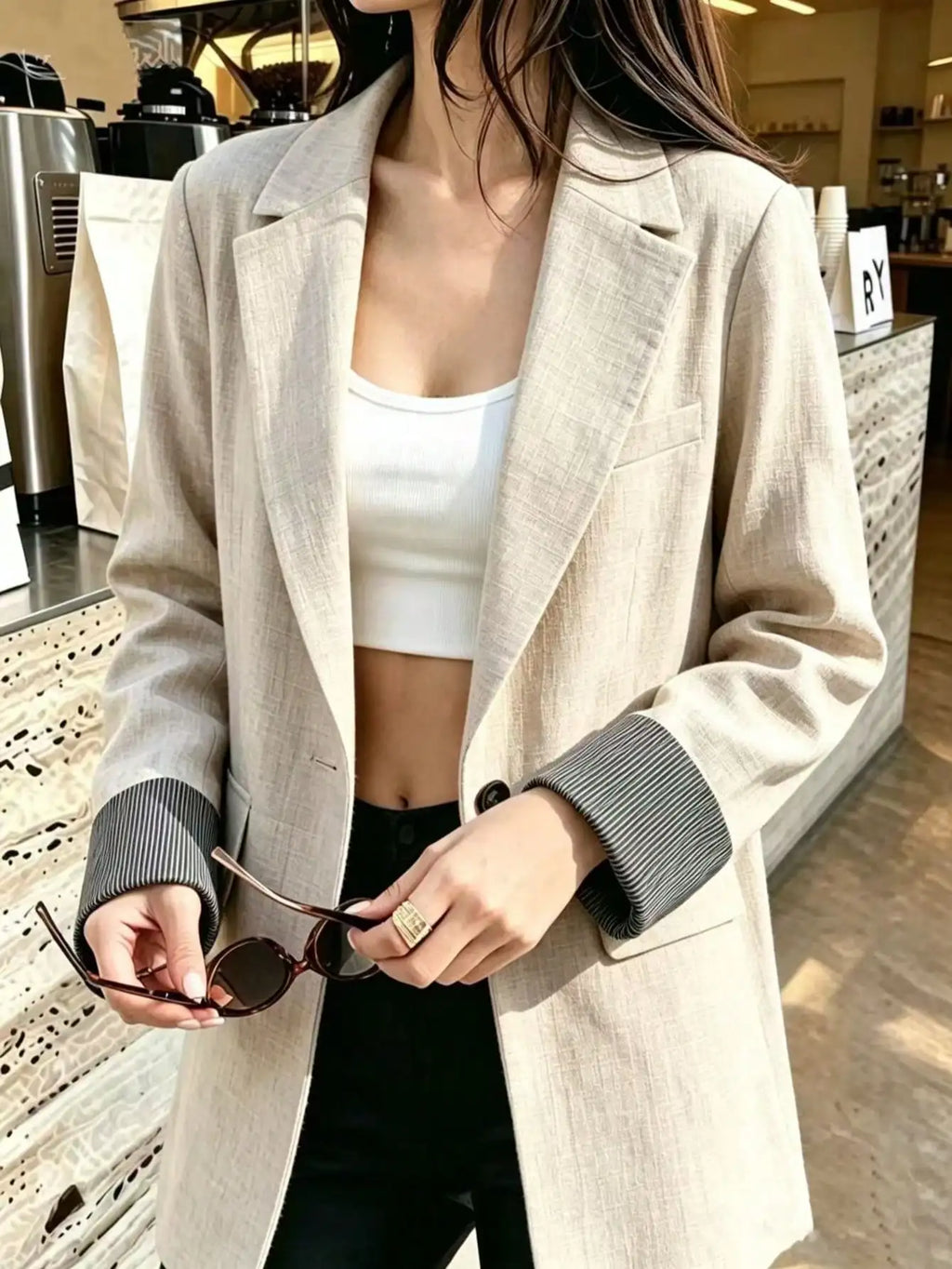 Women's Blazer Single Button Office Jacket Autumn 2026 Loose Fit Woven Fabric with Striped Cuff Lapel Collar Suit Outerwear