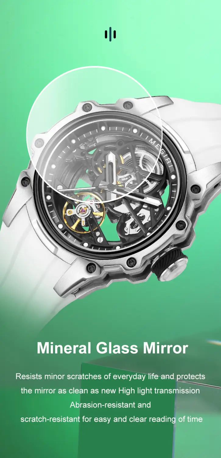 Megir automatic skeleton watch features a silver-toned mechanical case with a transparent face revealing intricate gears and a white silicone strap.