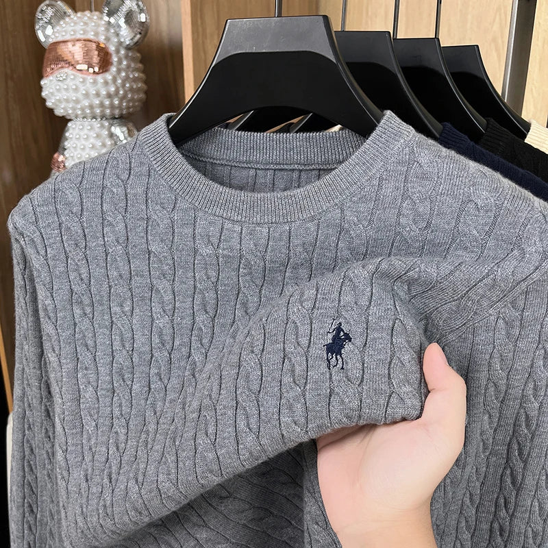 Men embroidered cable knit sweater in gray with a navy blue embroidered polo player logo on the chest.