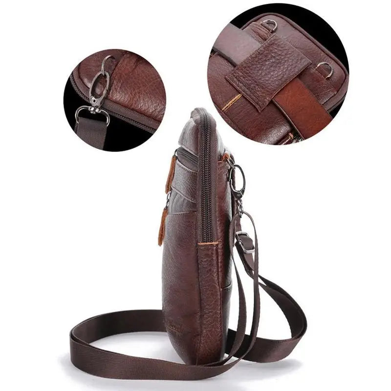 braune Ledergürteltasche für Herren und Umhängetasche für das Mobiltelefon mit mehreren Reißverschlüssen und verstellbarem Riemen für ein komfortables Gürteltaschen-Erlebnis.