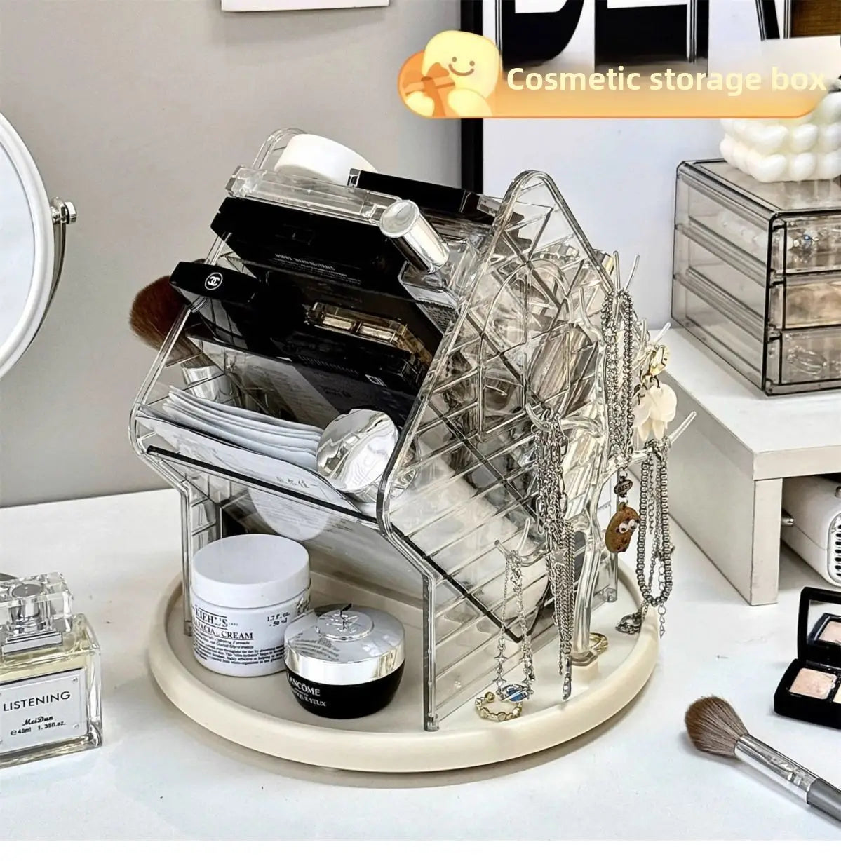 Organisateur de maquillage en acrylique transparent rotatif, avec un design à deux niveaux, plusieurs compartiments et une base rotative pour ranger le maquillage, les bijoux et les articles de soins de la peau.