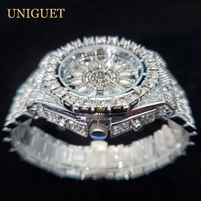 A dazzling silver iced diamond men’s quartz watch featuring a diamond-encrusted luxury dial and matching bracelet designed as a hip hop timepiece.