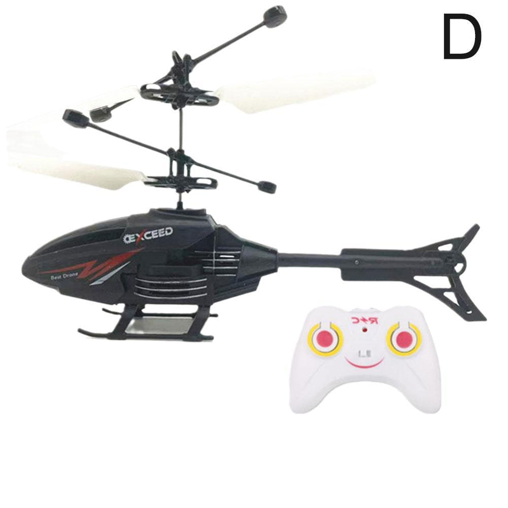 El juguete de helicóptero de inducción en suspensión teledirigido con mando a distancia de marca negra y roja superada, con hélices blancas y un controlador blanco que presenta botones amarillos.