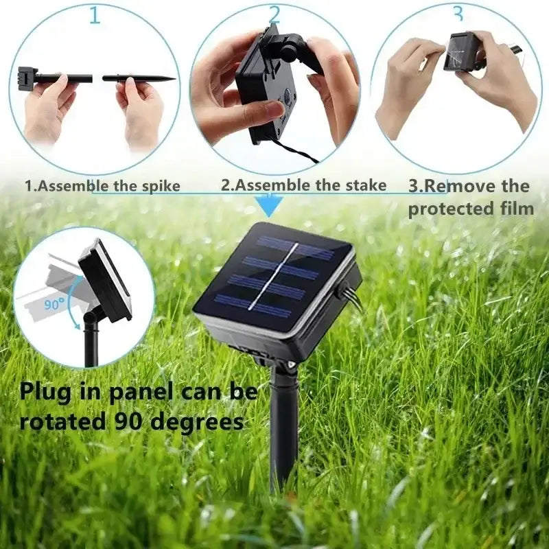 lampe solaire de jardin noire avec panneau rectangulaire et piquet ajustable pour guirlandes lumineuses solaires à DEL en fil de cuivre pour extérieur