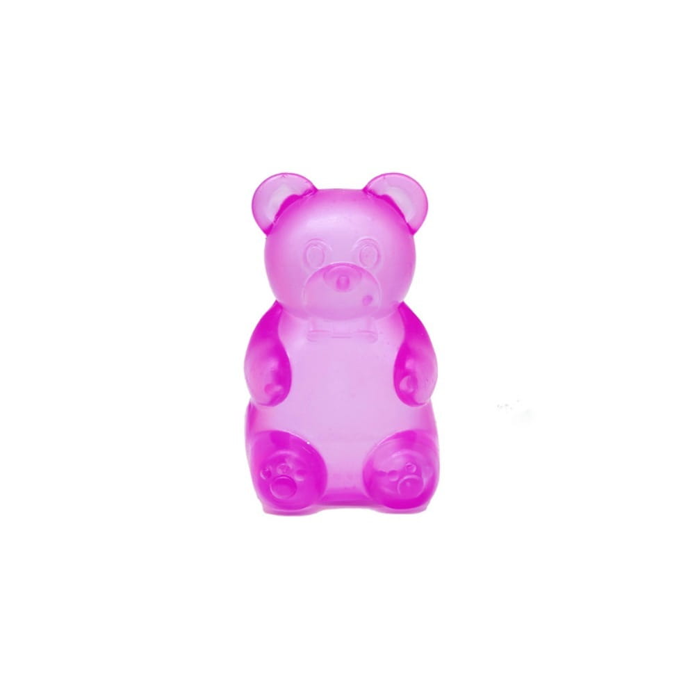A translucent pink gummy bear sensory fidget toy with a glossy candy-like finish made of soft material.
