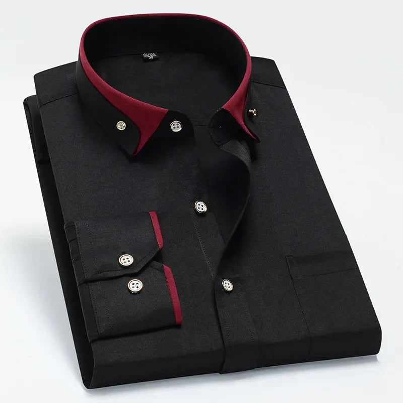 Men dress shirt with contrast maroon inner collar and sleeve cuffs featuring silver buttons made from anti-wrinkle fabric for formal and office wear.