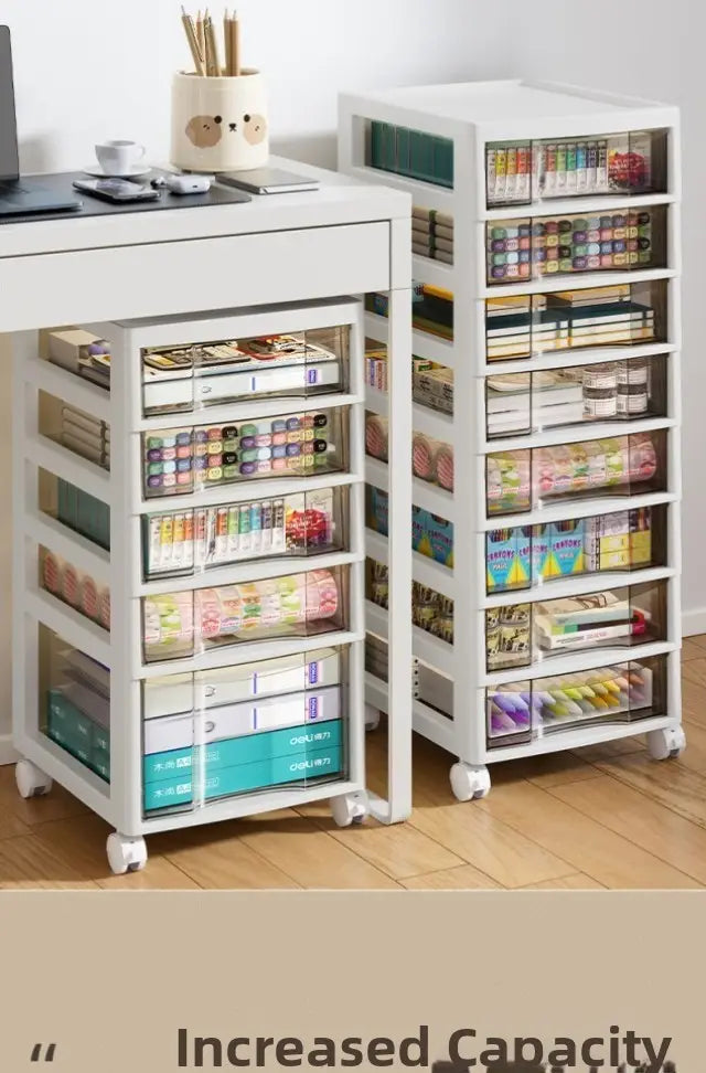 White plastic office desktop organizer storage tower with clear drawers and teal accents providing a versatile storage solution.