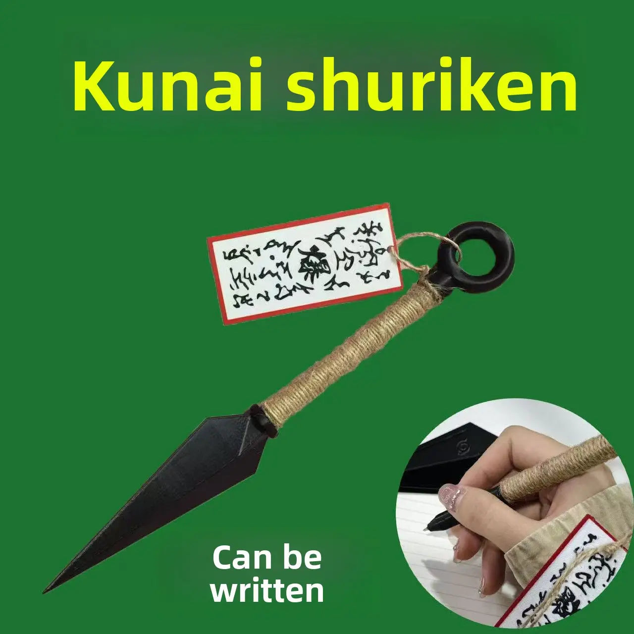 Ninja-Kunai-Kühlschrankmagnet aus PVC, Shuriken-Spielzeug, mit einem schwarzen Kunai-Shuriken mit strukturiertem hellbraun umwickeltem Seilgriff und einem kreisförmigen schwarzen Griffstück.