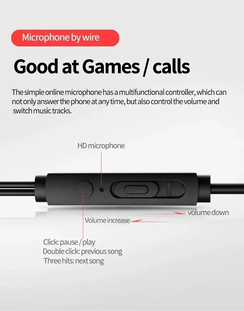 Black wired microphone with multifunctional controller for volume and music control on wired in-ear gaming headset with mic red.