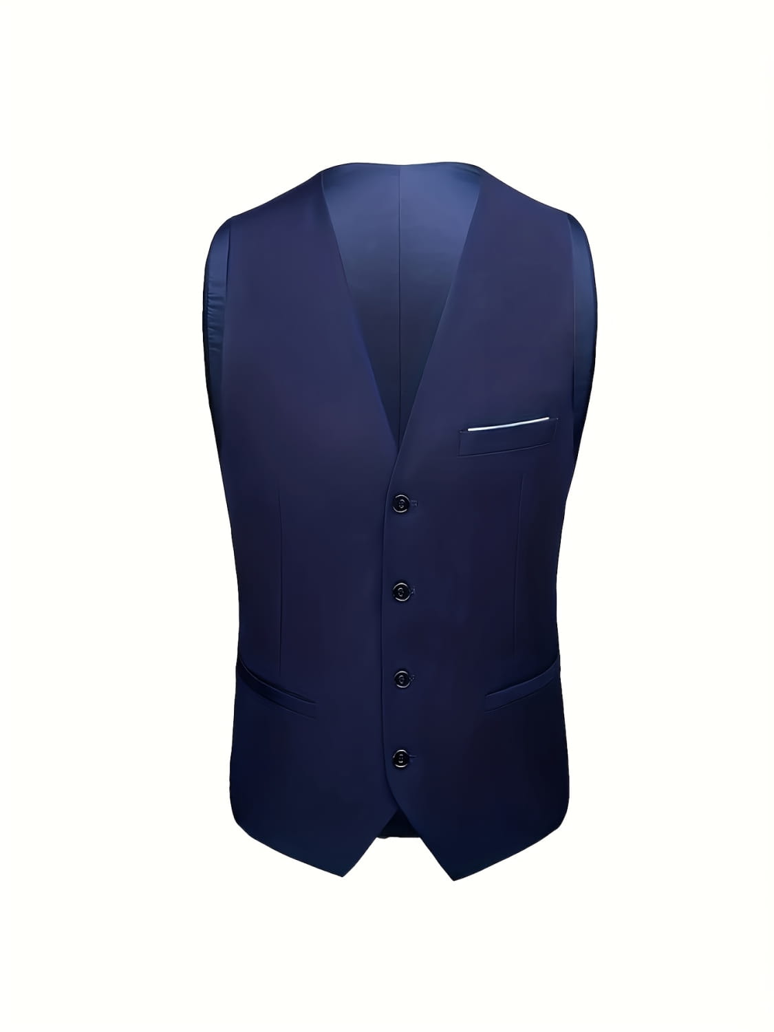 Gilet de smoking homme slim fit bleu marine, coupe ajustée sur mesure, présentant une fermeture simple avec boutons noirs et une poche bordée de blanc.