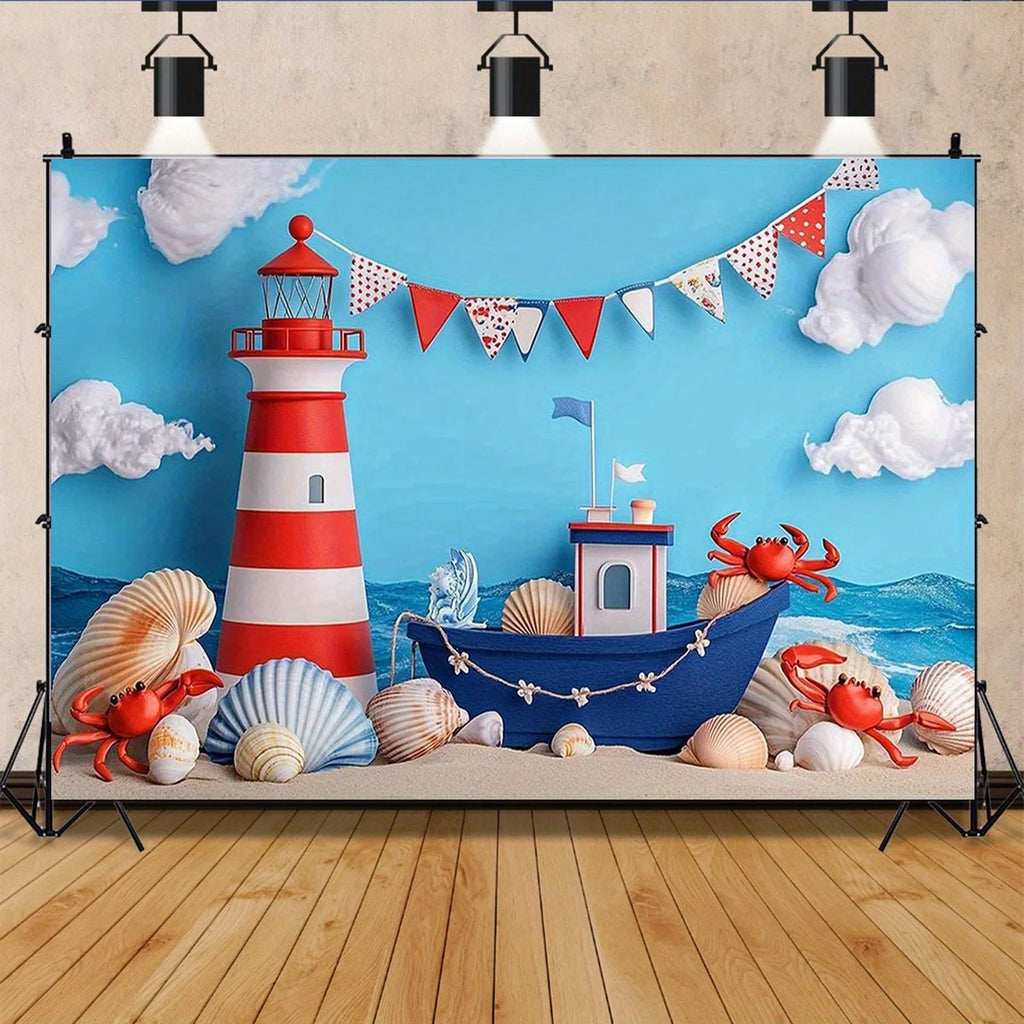 1 children's birthday background cloth with a nautical theme - colorful sailboats, lighthouses, shells and crab patterns