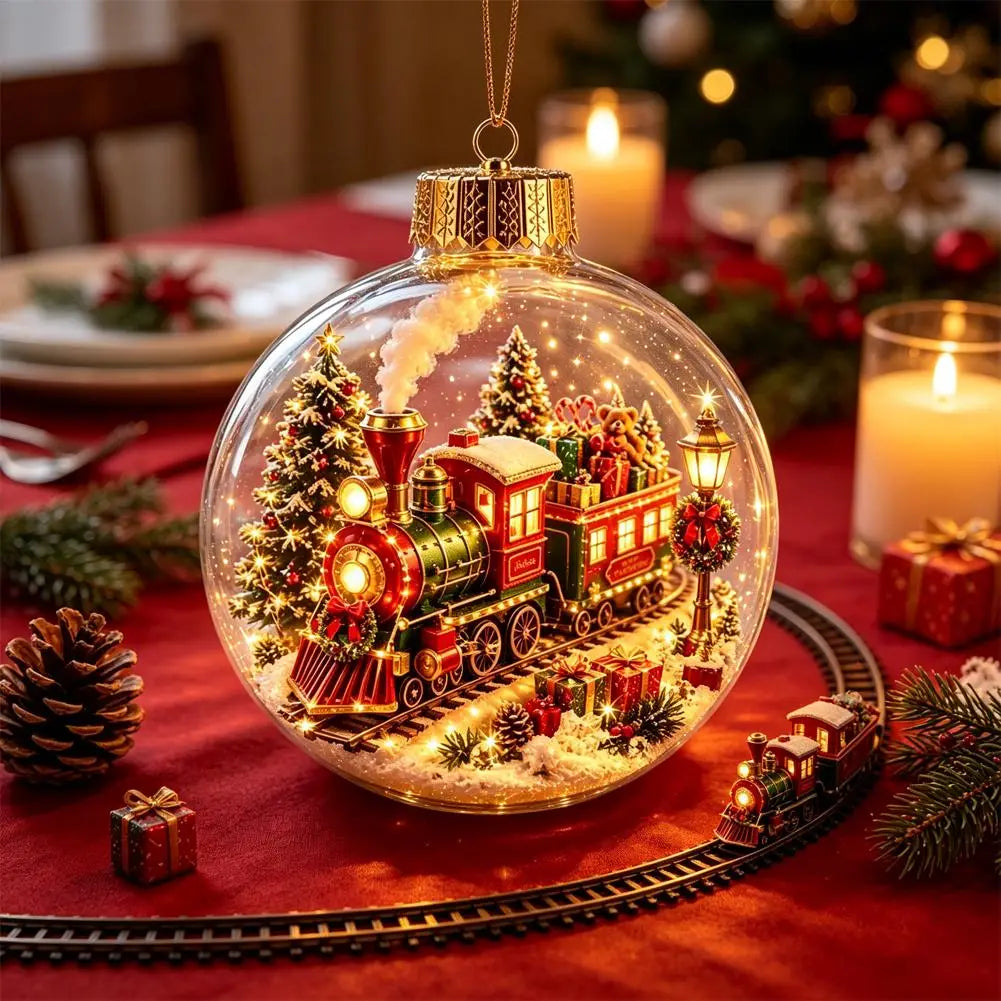 Eine leuchtende, rote und grüne Miniatur-Zuglokomotive mit goldenen Akzenten fährt durch eine festliche, schneebedeckte Weihnachtslandschaft in einer klaren, bruchsicheren, leuchtenden Weihnachts-Globuszierkugel, entworfen für die Feiertagsdekoration.
