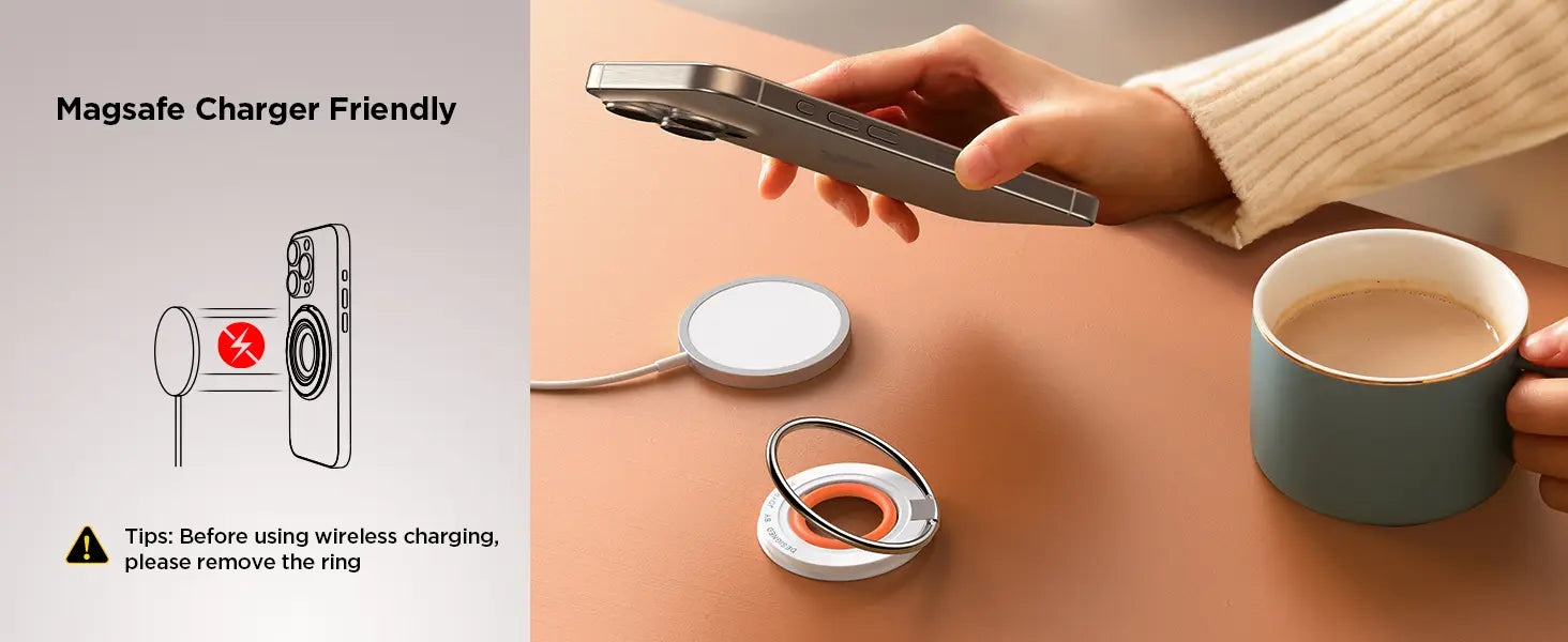 Cargador de anillo de sujeción magnético para teléfono plateado con diseño circular y base blanca, con una característica especial como soporte para anillo y soporte para iPhone.