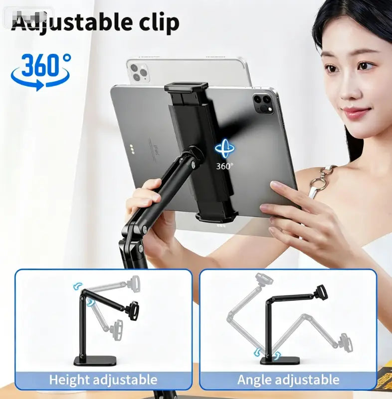 Black adjustable desktop holder for inch smartphones with stable support featuring 360-degree rotation and height angle adjustment capabilities.