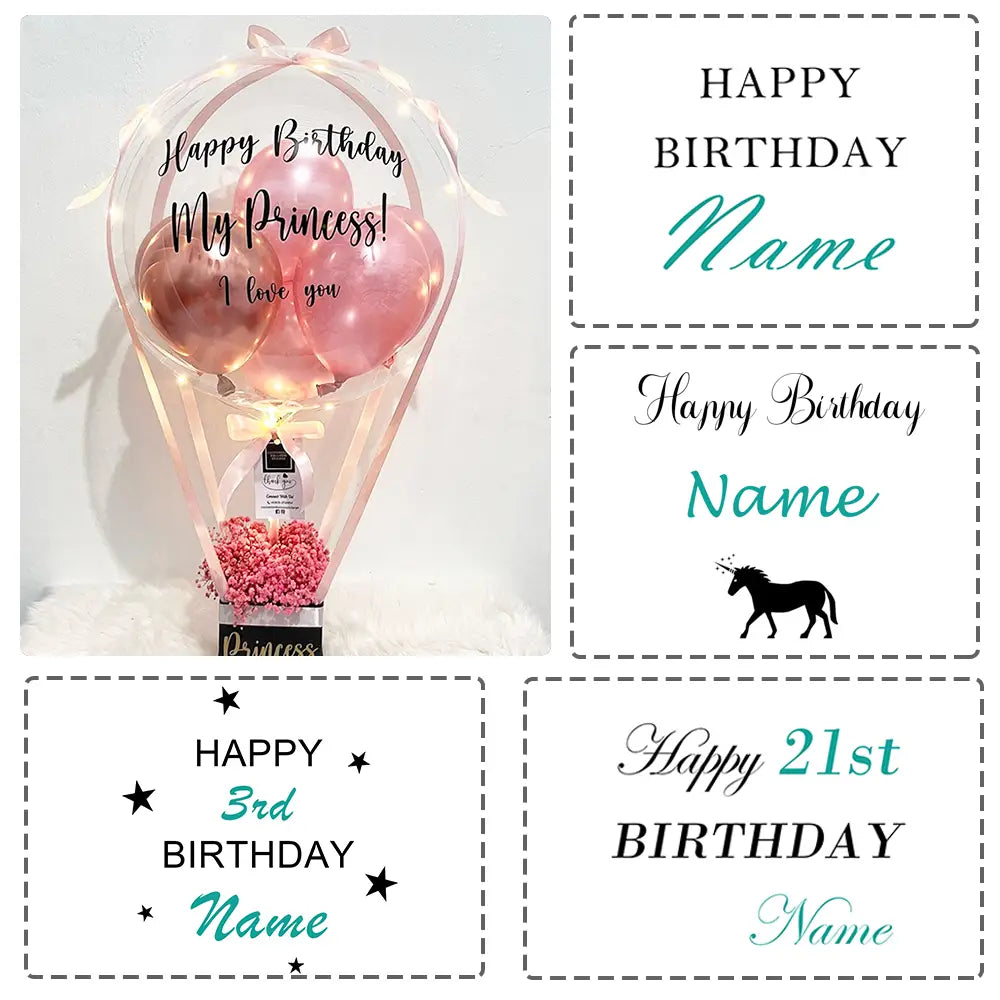 Ein transparenter Ballon-Geschenkkorb in Form eines Ballons, gefüllt mit pinken Ballons und einem Strauß pinkfarbener Blumen, geschmückt mit einer Schleifen-Bandrolle, mit einem individuellen Baby-Party-Ballonaufkleber für 36-Zoll-Bobo-Ballons.