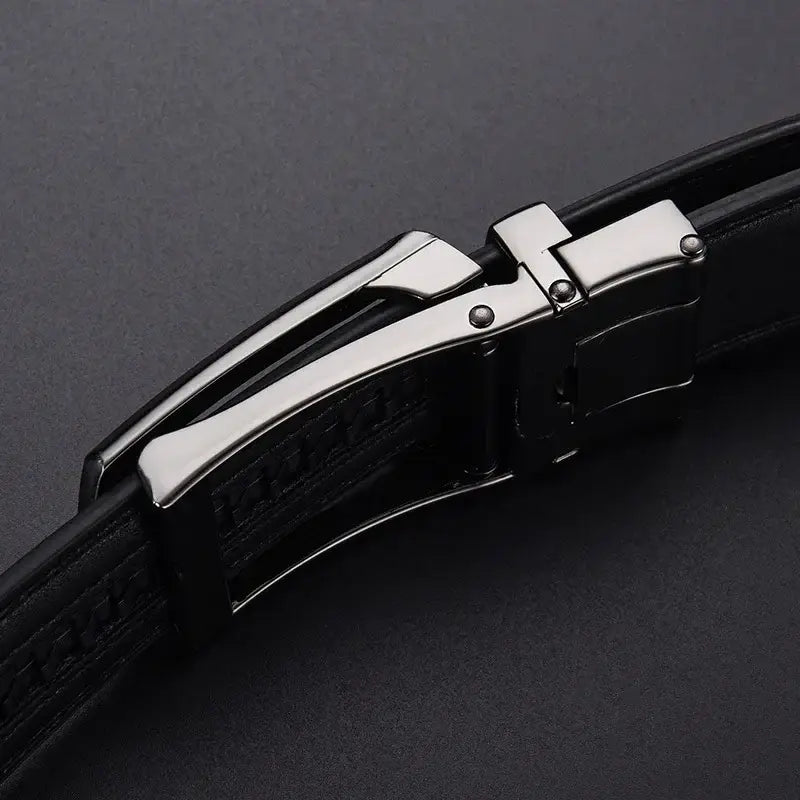 Black leather mens automatic belt with a sleek silver-toned automatic buckle.
