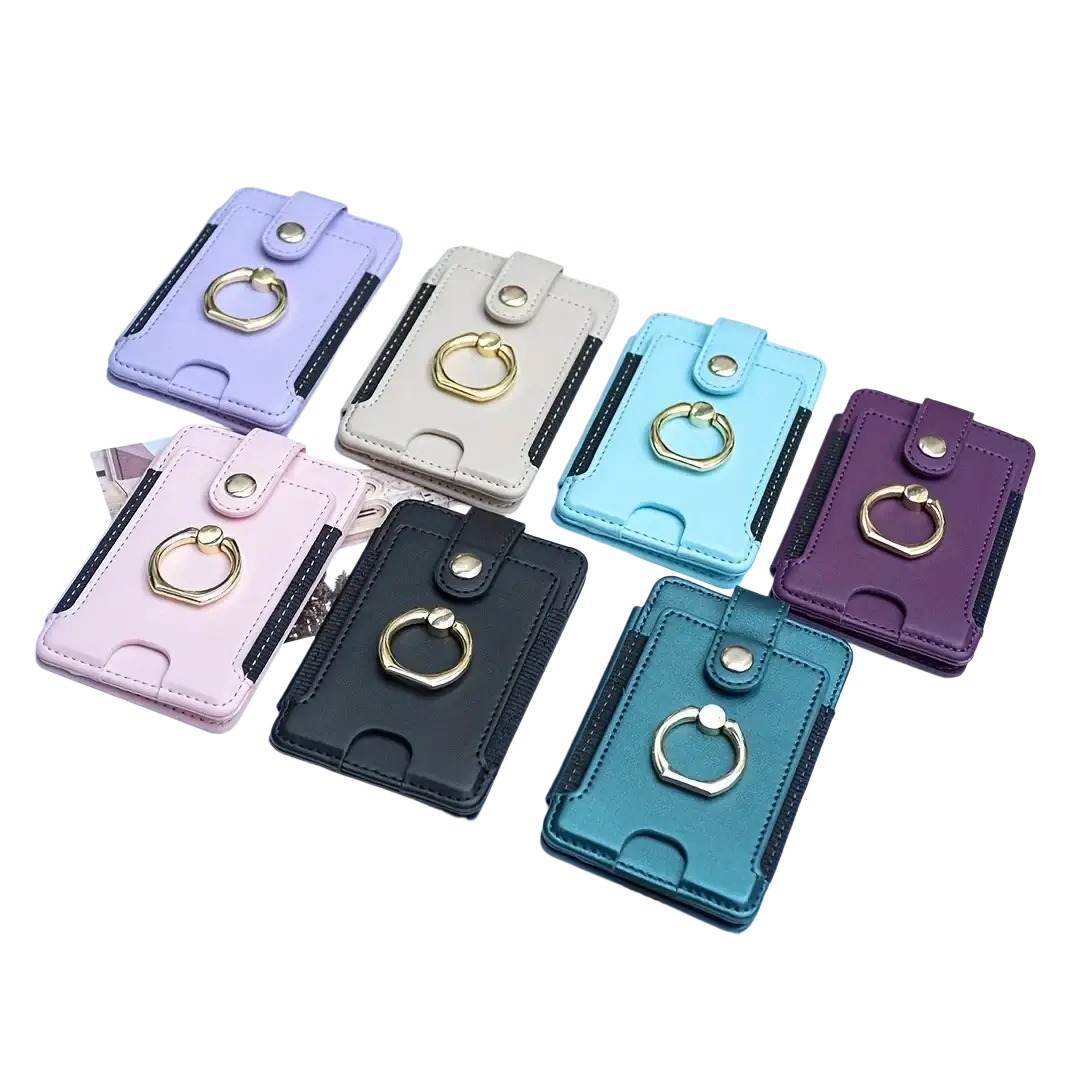 A collection of colorful universal ring small card holders for smartphones with gold-toned ring finger loops in pastel hues