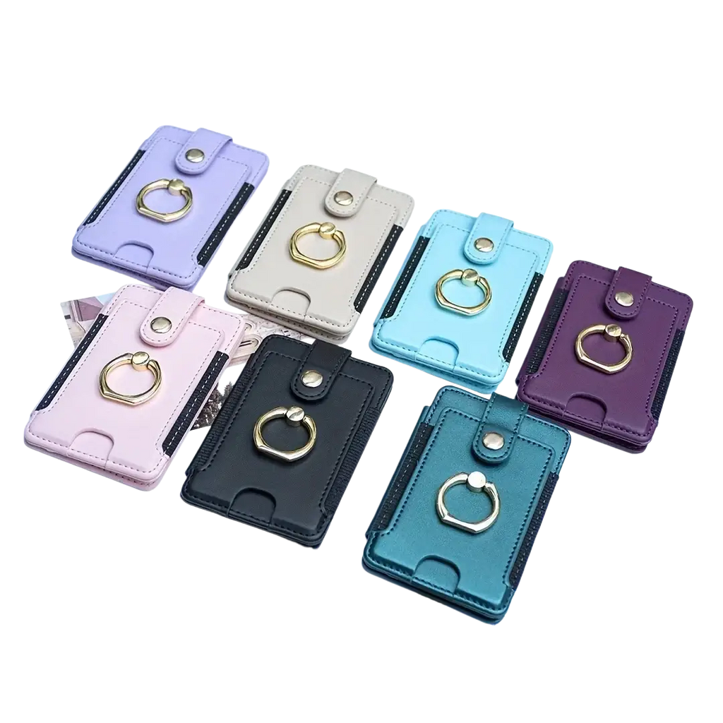 A collection of colorful universal ring small card holders for smartphones with gold-toned ring finger loops in pastel hues