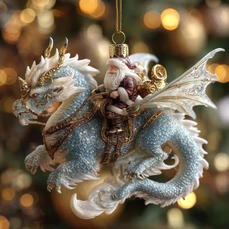 Une décoration de Noël en acrylique animal détaillée bleu clair et blanc, mettant en scène un dragon rehaussé d’or, avec une figurine de père Noël qui y chevauche l’animal, pour la décoration du sapin de Noël.