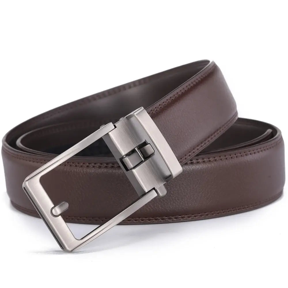 brown leather mens belt with a silver-toned automatic buckle designed for ease of use and style