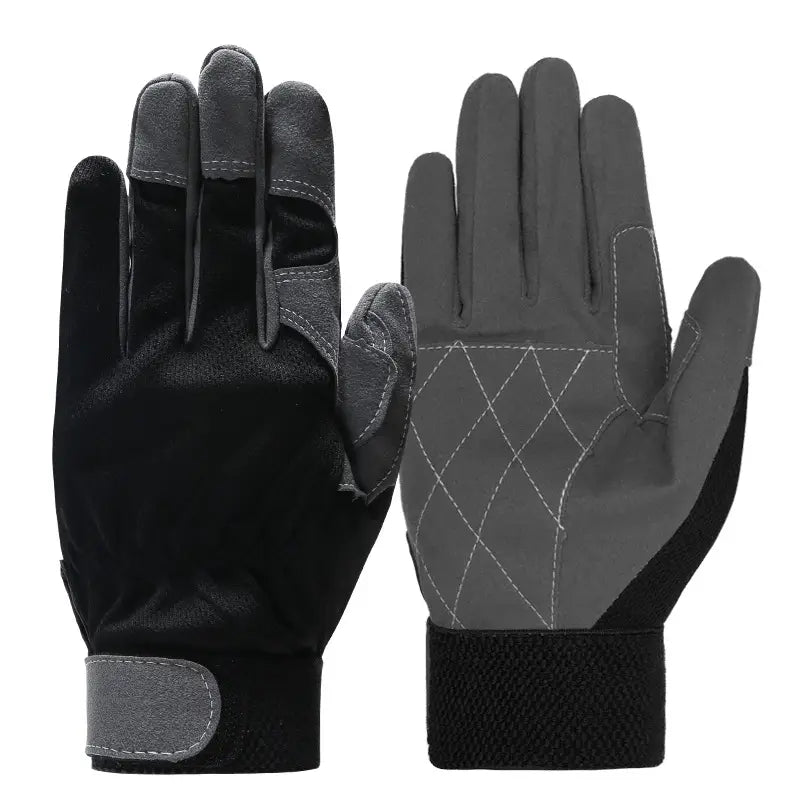 Gants de travail en cuir de vache noir et gris, avec extrémités des doigts renforcées, prise de paume texturée et sangle de poignet réglable, conçus pour la sécurité et l’utilisation en conduite.