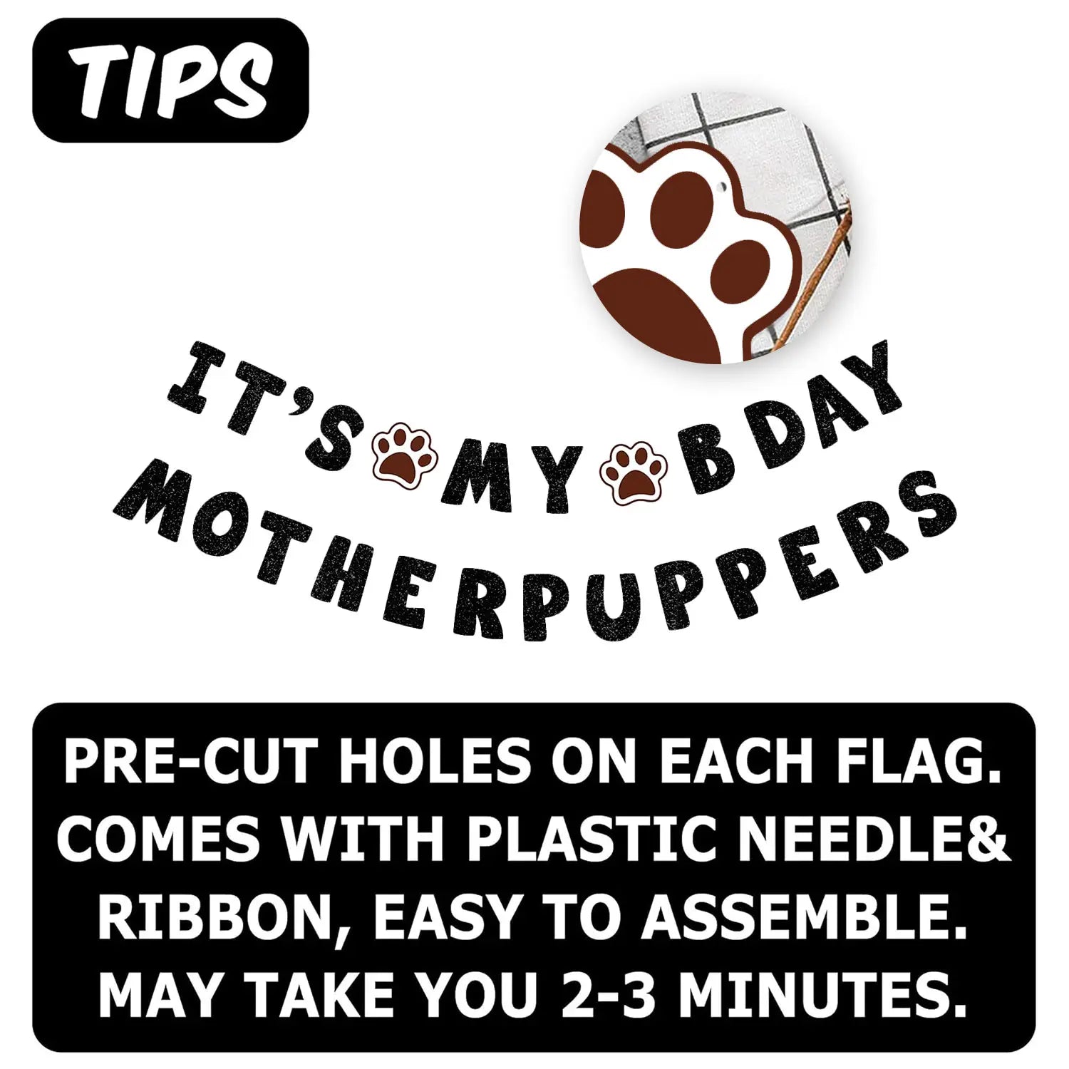 「motherpuppers」の肉球パーティー装飾用の、茶色い肉球アクセントとグリッド背景に円形の白い肉球があしらわれた黒いきらきらした面白い犬の誕生日バナーです。