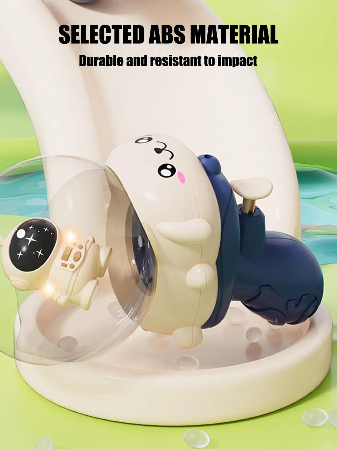 Elefanten-Baby-Bade-Spielzeug zum Versprühen von Wasser im blauen und weißen Astronauten-Design aus robustem ABS-Material mit transparenter Kuppel.