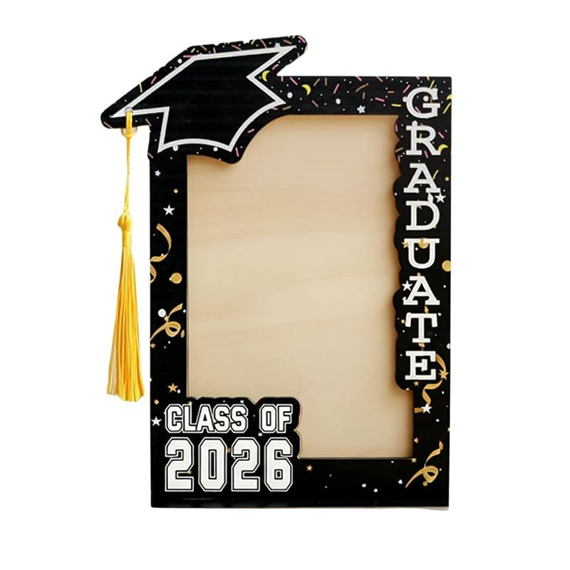 Class of 2026 wooden graduation photo frame in black with a gold tassel and graduate text featuring confetti patterns.