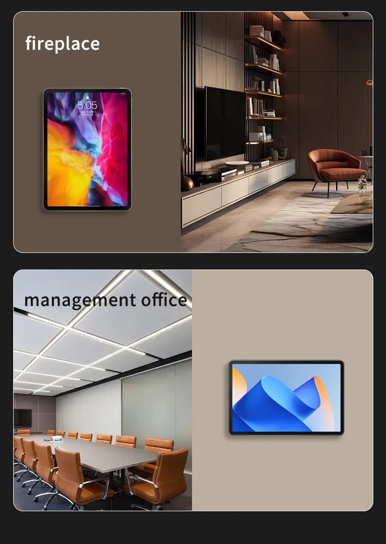 the tablet wall mount magnetic bracket for ipad charger securely holds two tablets, one displaying a vibrant colorful abstract wallpaper and the other the windows 11 default desktop background, showcasing its sturdy magnetic bracket design for organized charging and display.