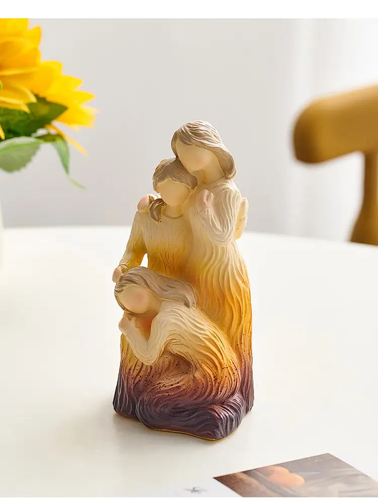 A warm gradient resin family figurine depicting three women in an embrace transitioning from creamy beige to deep purple for abstract art home decor.