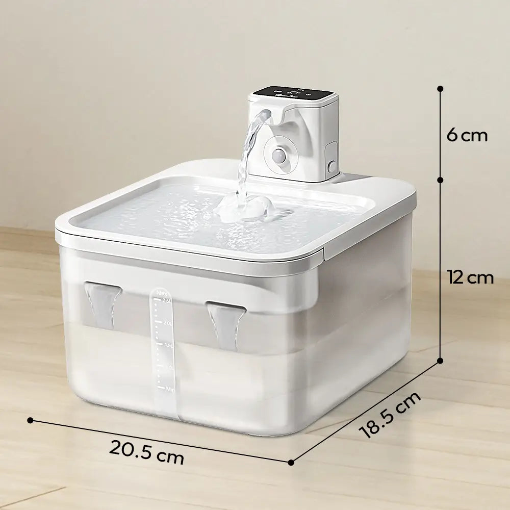 White plastic pet water fountain 2.5l with a clear reservoir and digital control panel for use as a wireless motion sensor water dispenser.