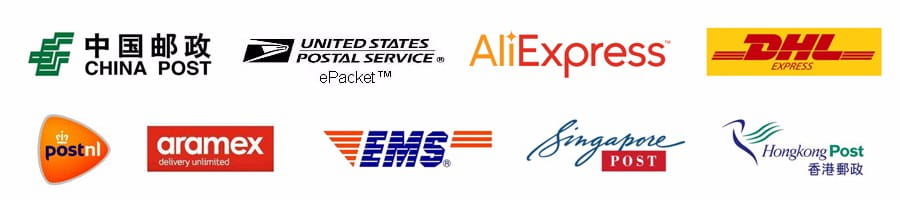 Das Bild zeigt Logos von Versand- und Postdiensten, einschließlich China Post, United States Postal Service, ePacket, AliExpress, DHL Express, Aramex, Delivery Unlimited, EMS, Singapore Post und Hong Kong Post für das champagnerfarbene Doppelreihensakko.