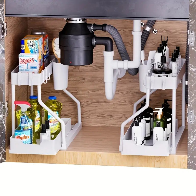 white under-sink pull-out kitchen sink organizer with two-tier pull-out design made in mainland china holding various cleaning and personal care products