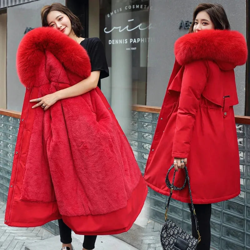 Winter Jacket 2025 New Women Parka Clothes Long Coat Wool Liner Hooded Jacket Fur Collar Thick Warm Snow Wear Padded Parka