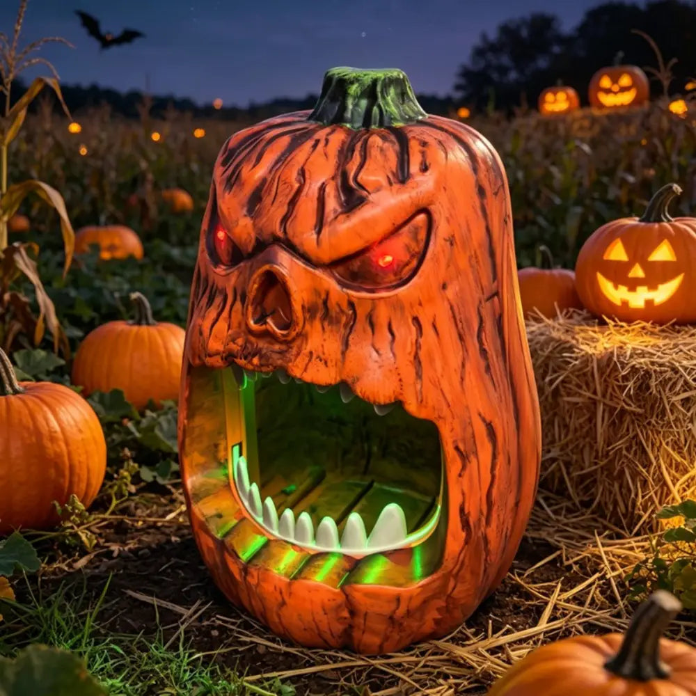 caja de almacenamiento para caramelos con calabaza calavera de Halloween tallada en naranja, con ojos rojos brillantes y una iluminación interior verde