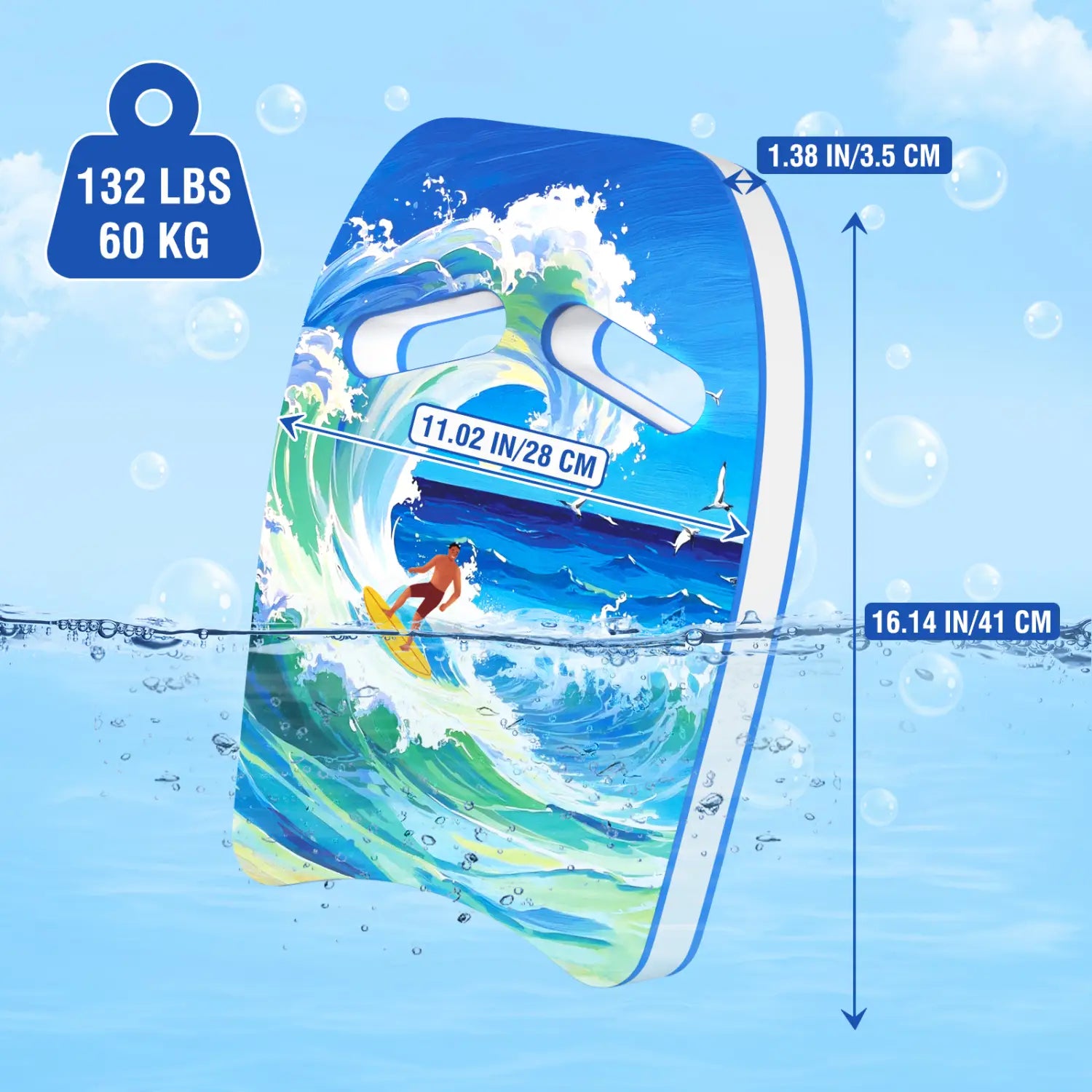 Erwachsenen-Schwimm-Kickboard aus EVA-Schaum für das Training in Blau und Weiß, geformt wie ein Surfbrett, mit einem lebhaften Ozeanwellen-Design, das einen Surfer zeigt, der Wellen reitet.