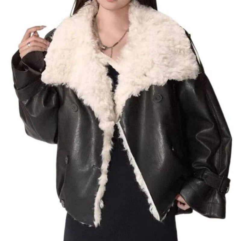 Women Faux Leather Labm Fur Lined Coats Solid Jacket Turn Down Collar Long Sleeves Single Breasted Loose Streetwear 2026 Autumn