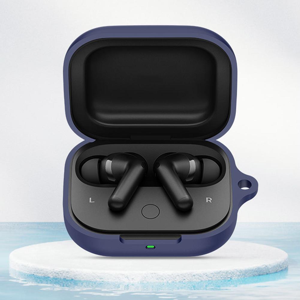 Navy blue silicone airpods pro case protective cover with wireless earbuds in a sleek matte finish charging case marked l and r for left and right ears.