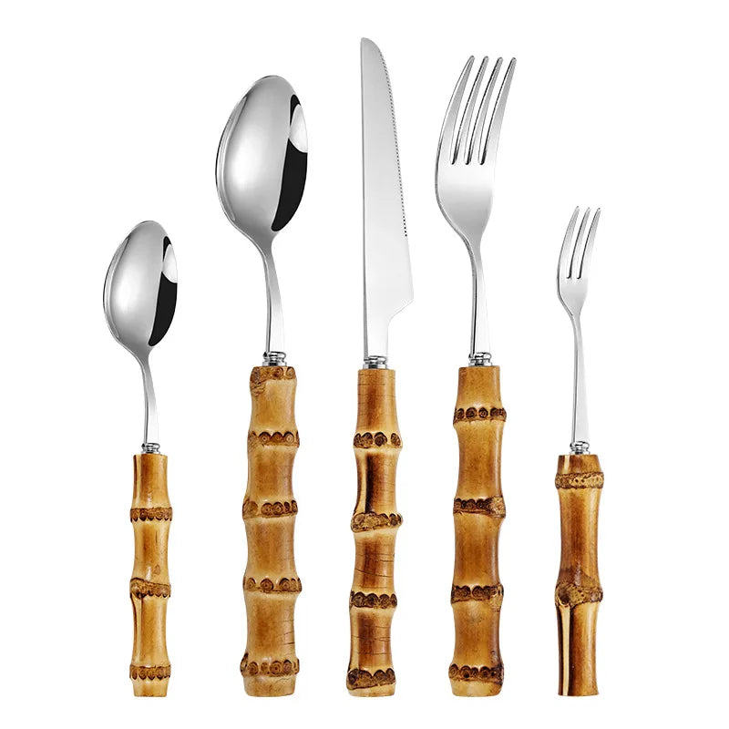 Stainless Steel Cutlery Set, Household Kitchen Utensil Flatware Sets, Nature Bamboo Handle Cutlery Sets, Dishwasher Safe