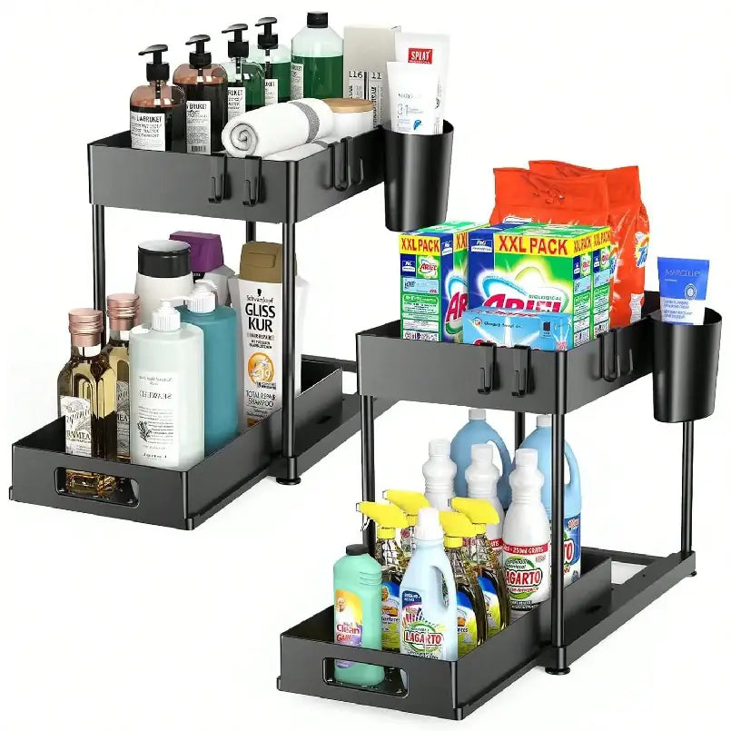 Black two-tier rolling kitchen organizer made of bpa-free plastic with side cup holders and pull-out trays designed as an under sink storage solution.