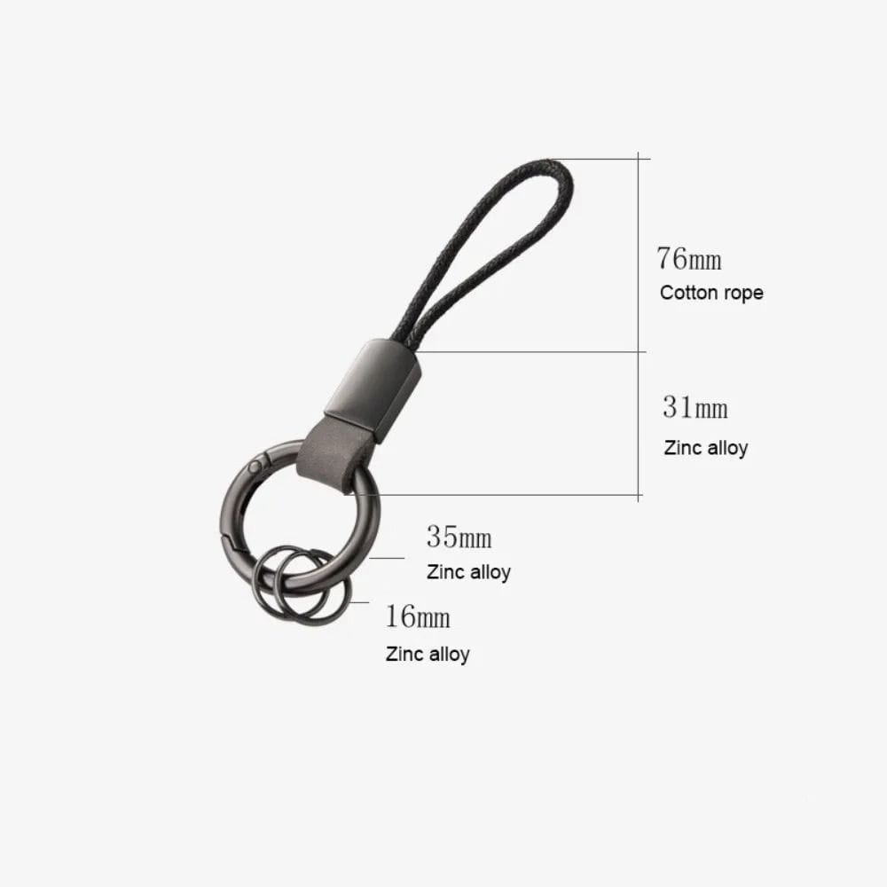 Black cotton rope leather carabiner keychain with a matte-finished zinc alloy ring and connector designed as a multifunctional key holder.