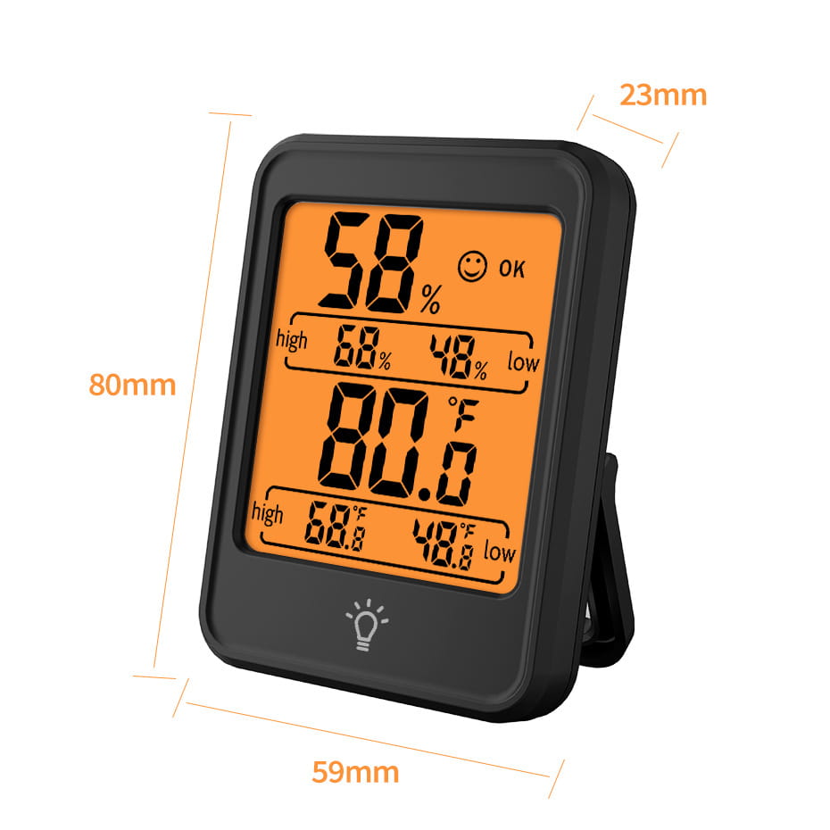 Medidor digital interior de temperatura y humedad con soporte en color negro, con una pantalla naranja que muestra lecturas de temperatura y humedad para una supervisión precisa del entorno interior.