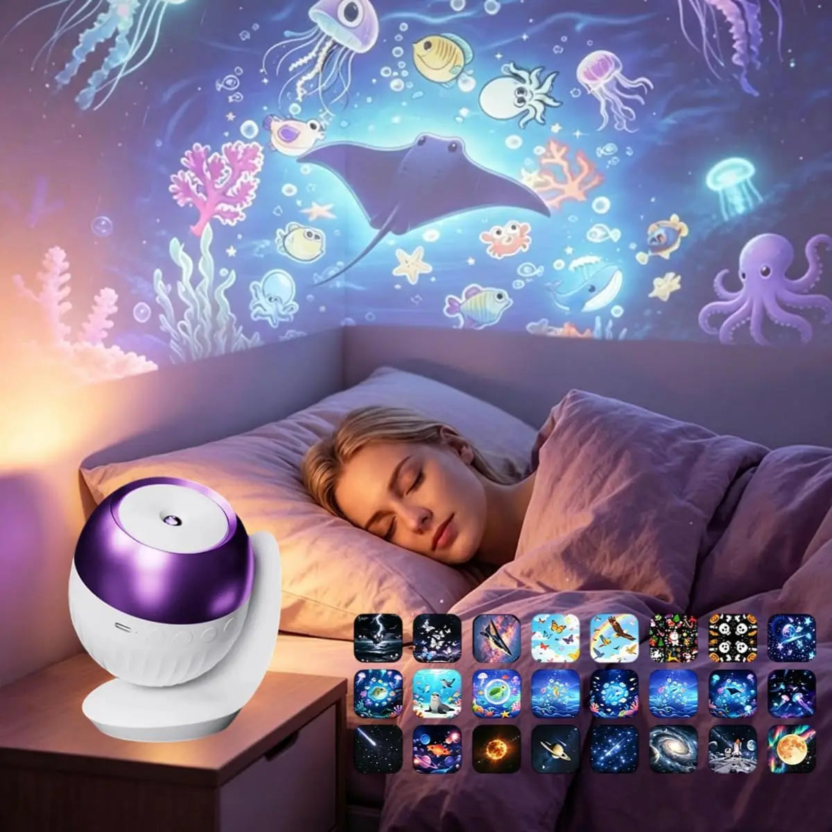 Galaxien-Projektor-Nachtlicht mit Schlafgeräuschen, mit einem violetten und weißen kugelförmigen, glänzenden Nachtlicht-Projektor, der lebendige Unterwasserszenen an Wände wirft.