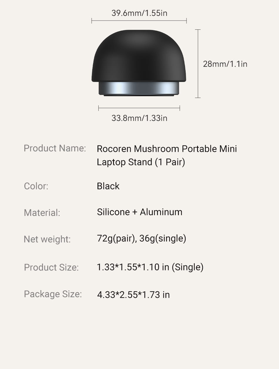 Black Rocoren magnetic laptop stand and cooling holder made of silicone and aluminum designed as a portable mini laptop stand.