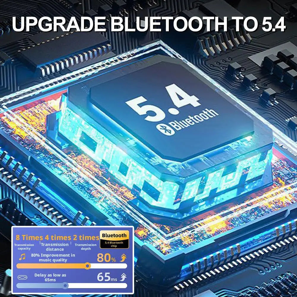 a sleek black bluetooth 5.4 chip with glowing blue circuitry accents on a detailed motherboard background for open ear bluetooth 5.4 sport earhook headphones