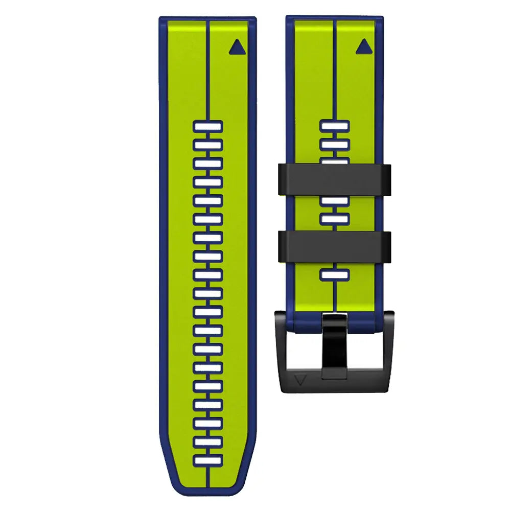 Leuchtend limettengrünes und navyblaues Garmin Fenix Silikonarmband mit schwarzer Schnalle und weißen rechteckigen Markierungen.