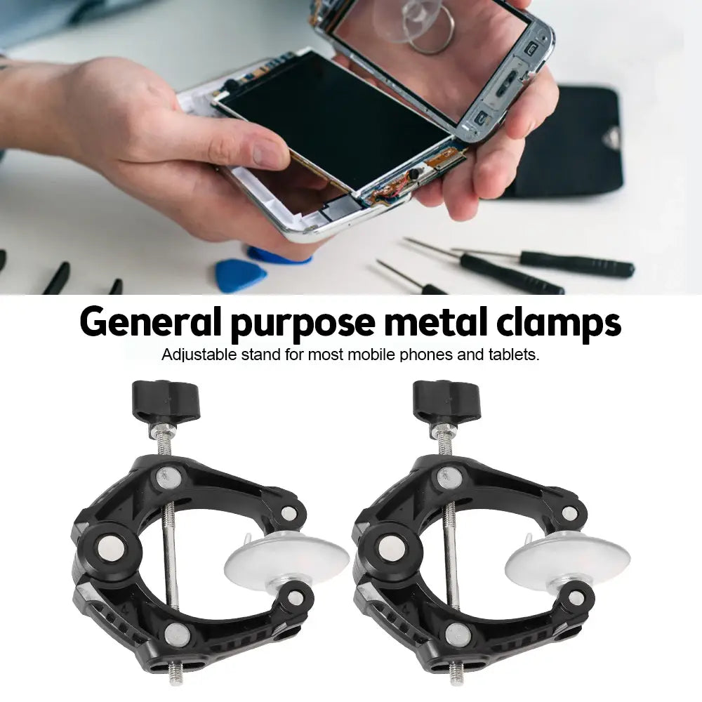 Black metal phone screen separator tool clamps with adjustable arms and silver circular plates featuring a minimalist style design.