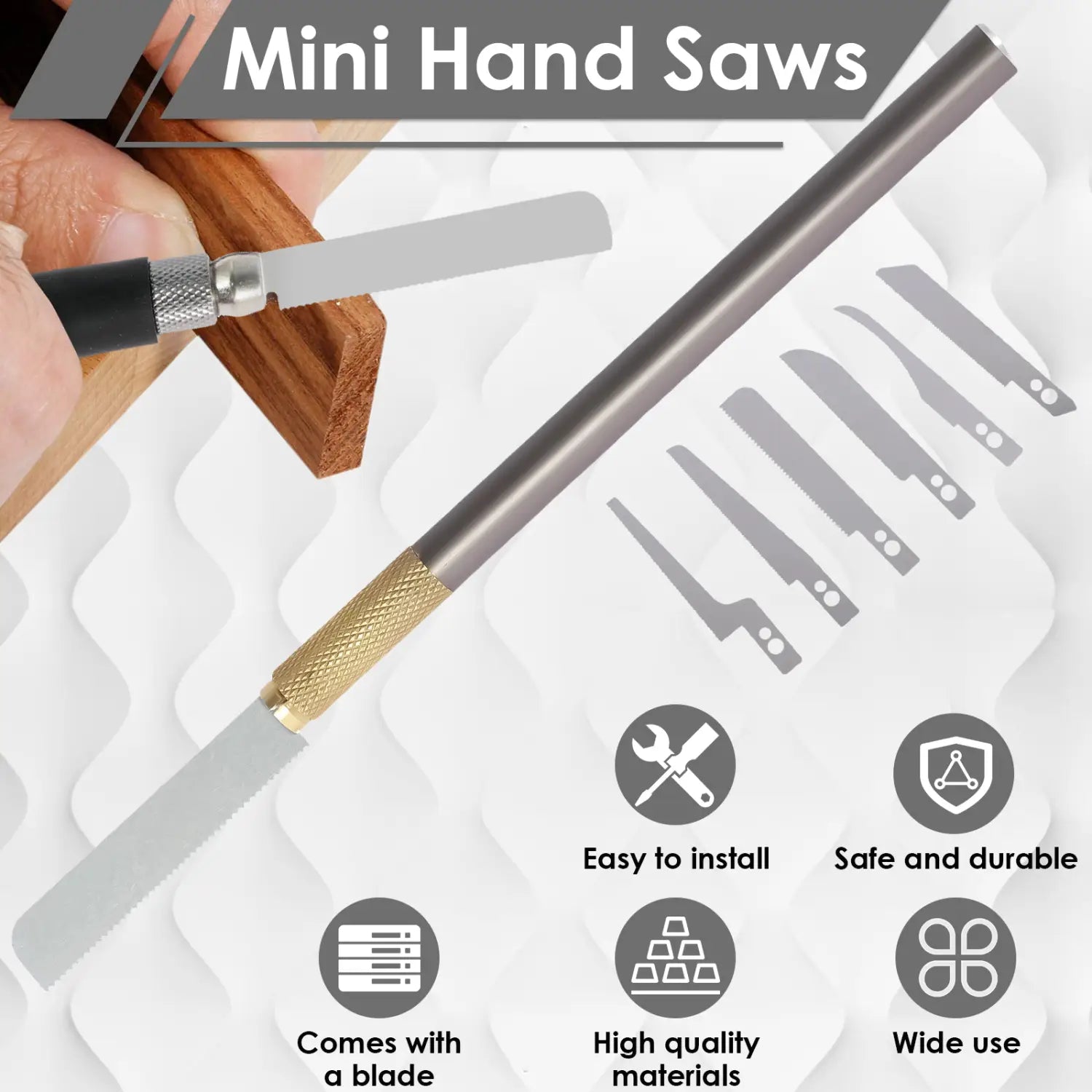 Silver mini hand saw with a textured gold-colored handle and replaceable blades designed for precision model making.