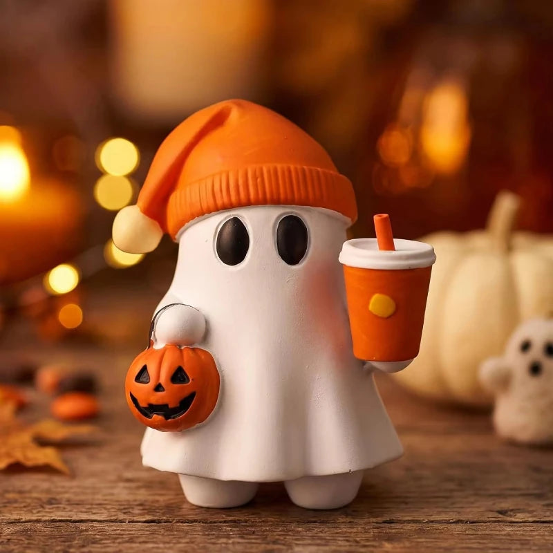 Halloween Ghost Statue Cute Resin Figurine Pumpkin Bucket Orange Drink Cup Tabletop Home Office Gift Decor