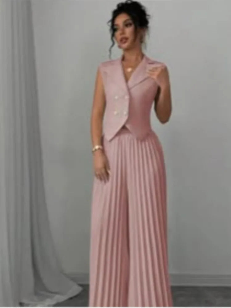 Elegant Formal Women Vest Trousers 2 Pieces Spring New Fashion Retro Wide-leg Pleated Pants Slimming Sleeveless Vest Female Set
